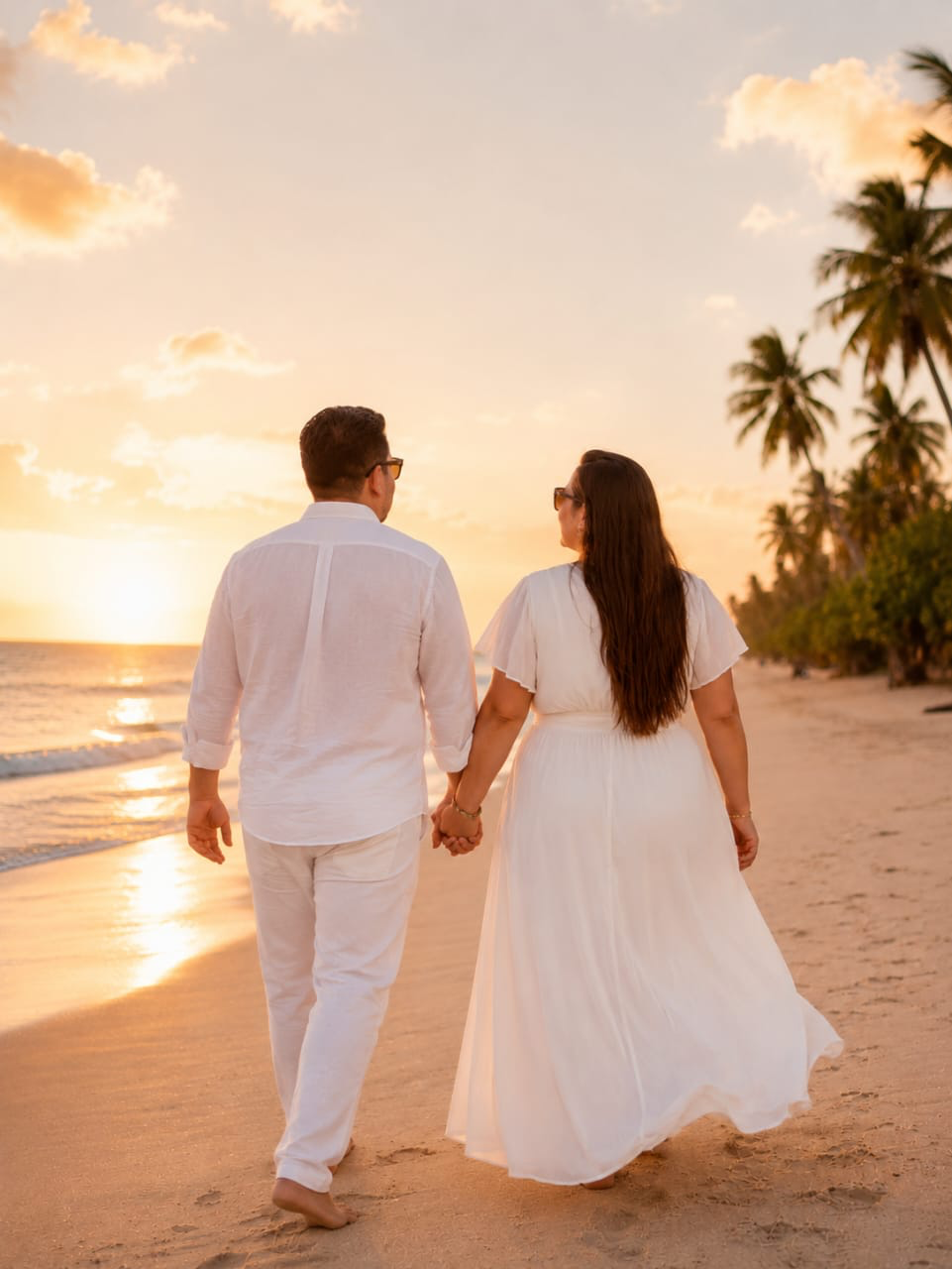 Luis y Mayra caminando juntos hacia el atardecer