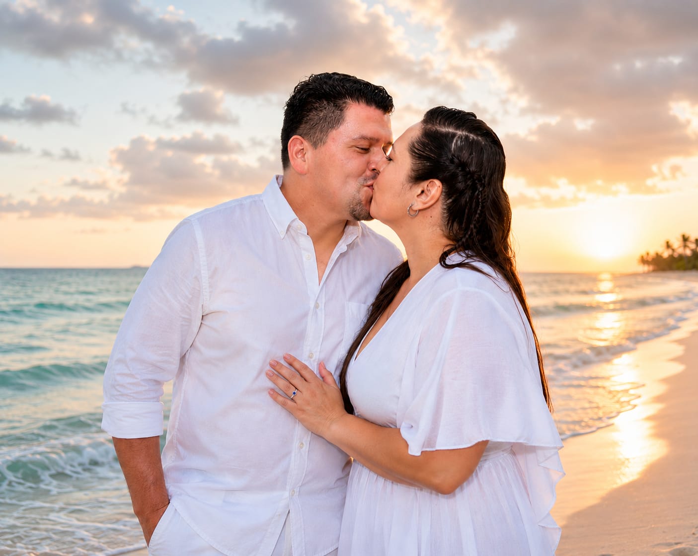 Luis y Mayra compartiendo un beso frente al mar